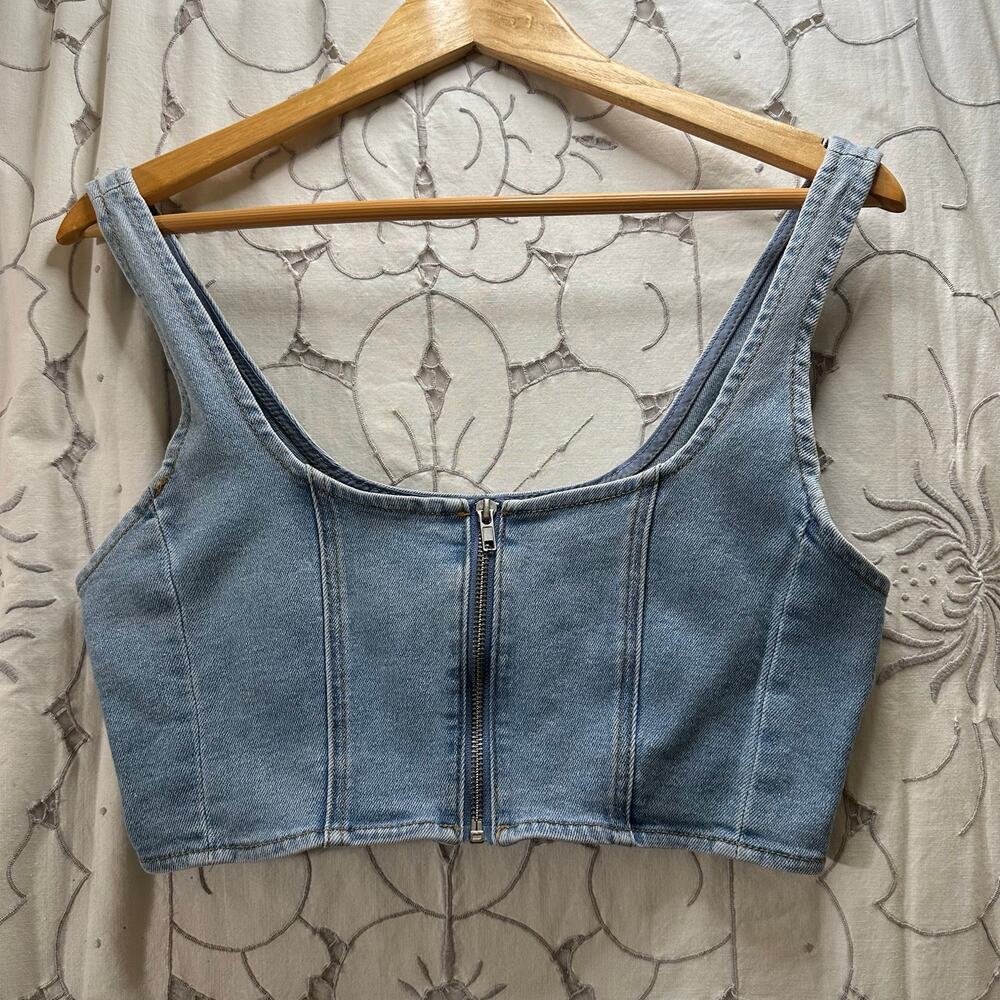 Forever 21 Denim Zip Front Crop Tank Top Y2K Blue M